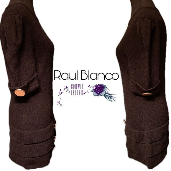 Vtg 80s Raul Blanco Bonwit Teller Hand Loomed Gold Button Blk Sweater Dress Sz 6 - Picture 2 of 13